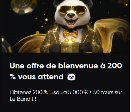 Panda doré avec offre de bienvenue 200 % et 50 tours gratuits