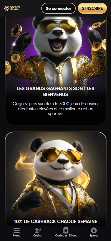 Panda doré en costume célèbre des gains et cashback hebdomadaire