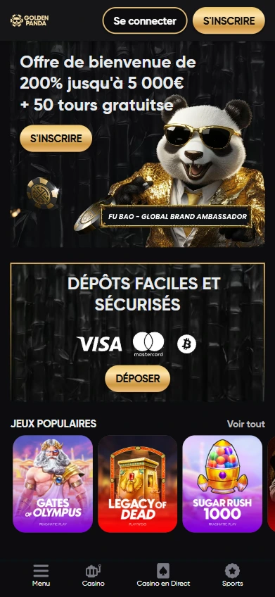Panda en or avec bonus de 5000 €, dépôts sécurisés et jeux populaires