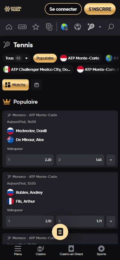 Écran mobile avec paris sur les matchs de tennis ATP Monte-Carlo