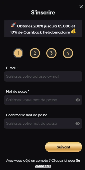 Formulaire d'inscription étape 1 avec email et mot de passe