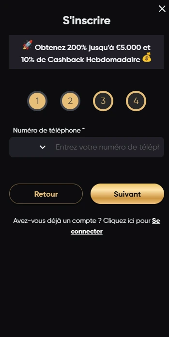 Formulaire d'inscription étape 2 avec numéro de téléphone