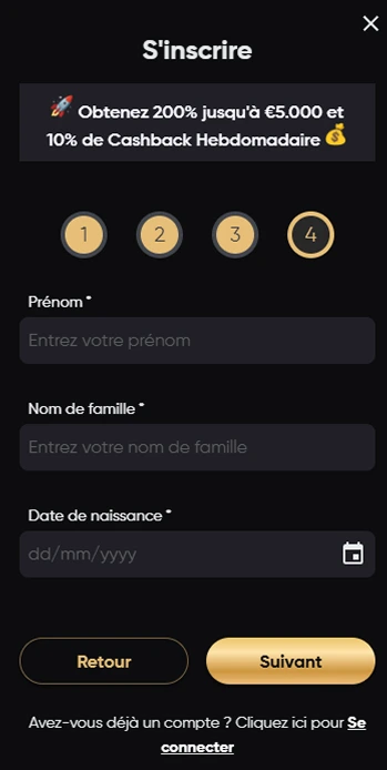 Formulaire d'inscription étape 3 avec prénom, nom et date de naissance